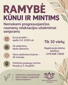 Nemokami progresuojančios raumenų relaksacijos užsiėmimai senjorams „RAMYBĖ KŪNUI IR MINTIMS“