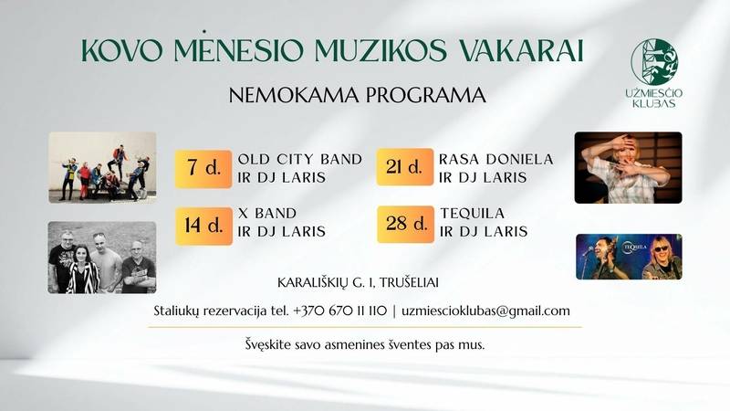 Muzikos vakarai šeštadieniais Užmiesčio klube - gera nuotaika ir nemokama programa